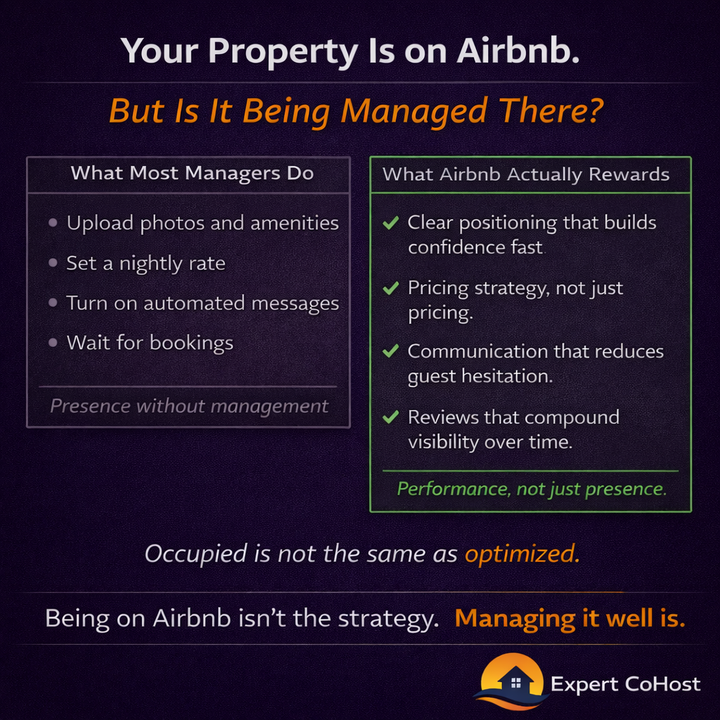 Being listed on Airbnb isn't a management strategy — what Airbnb actually rewards is clear positioning, pricing strategy, and reviews that compound visibility over time