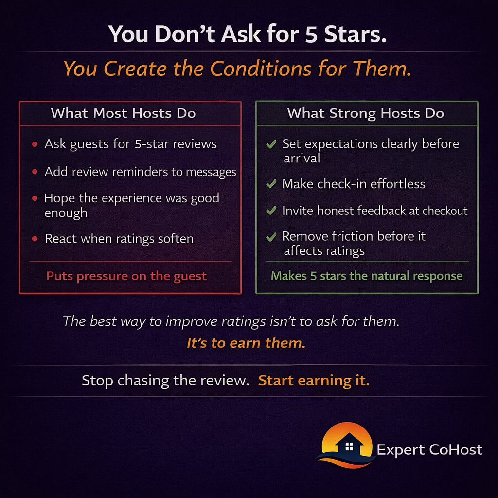 Airbnb hosts who earn 5-star reviews don't ask for them — they create the conditions that make strong reviews the natural response