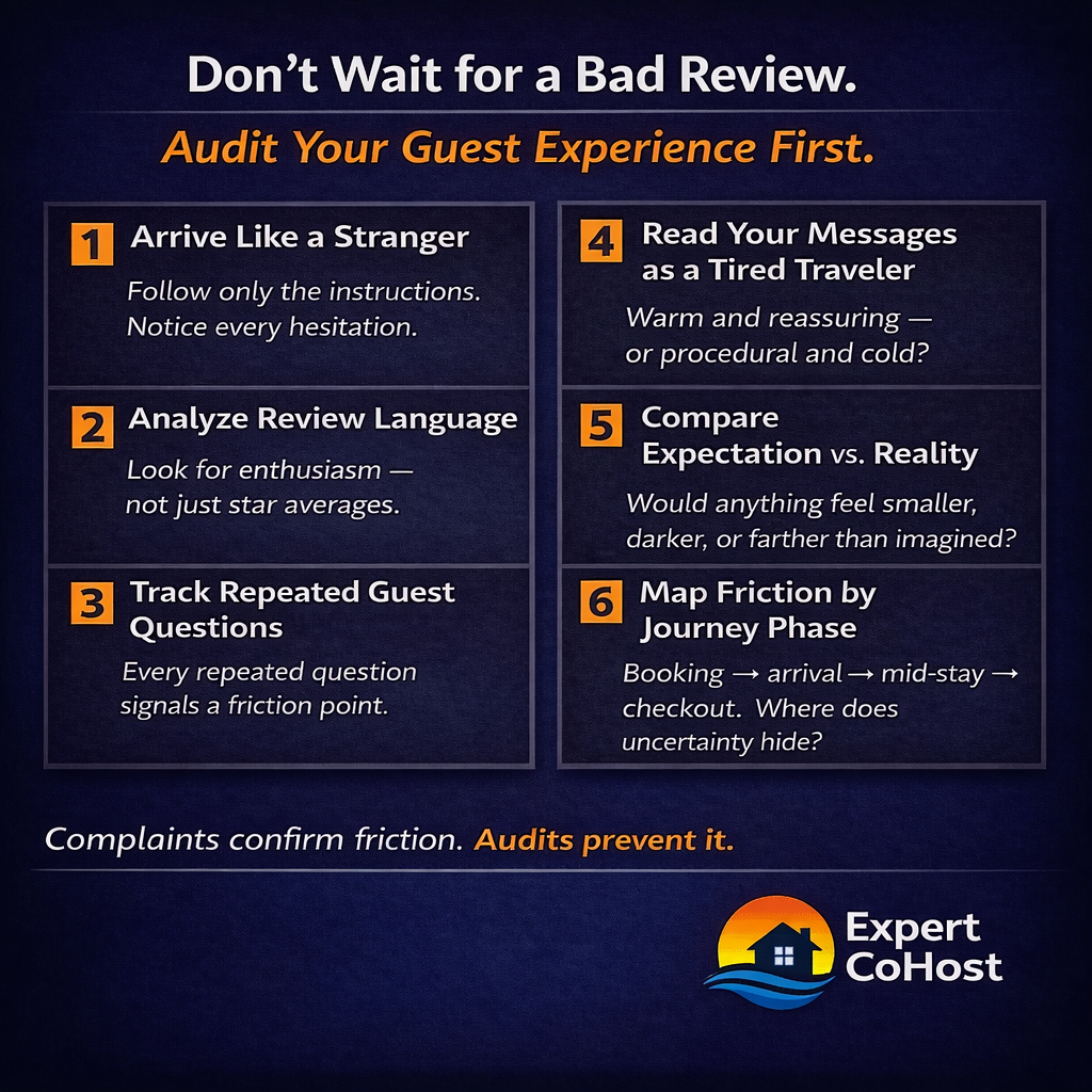 Six-step proactive audit for Airbnb guest experience — find and remove friction before it shows up in reviews