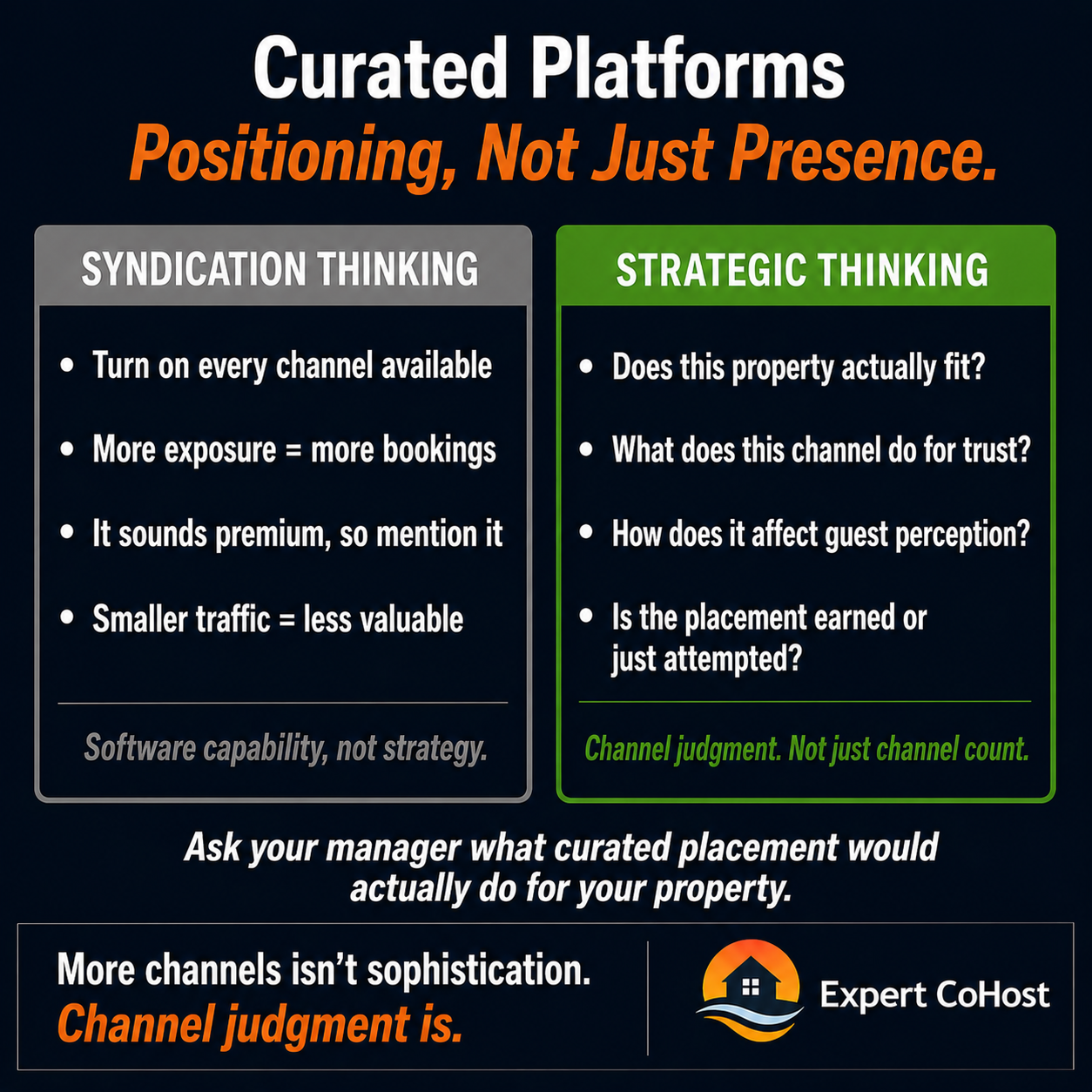 Curated listing platforms like Plum Guide are about selective positioning and guest trust — managers who treat them like smaller versions of Airbnb are missing the strategic distinction entirely.