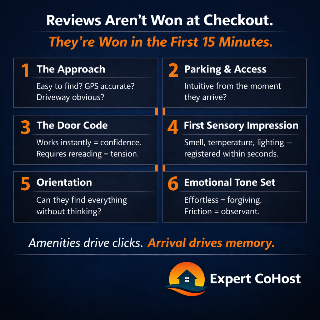 Six arrival moments that shape Airbnb reviews — from the approach and door code to first sensory impression and emotional tone