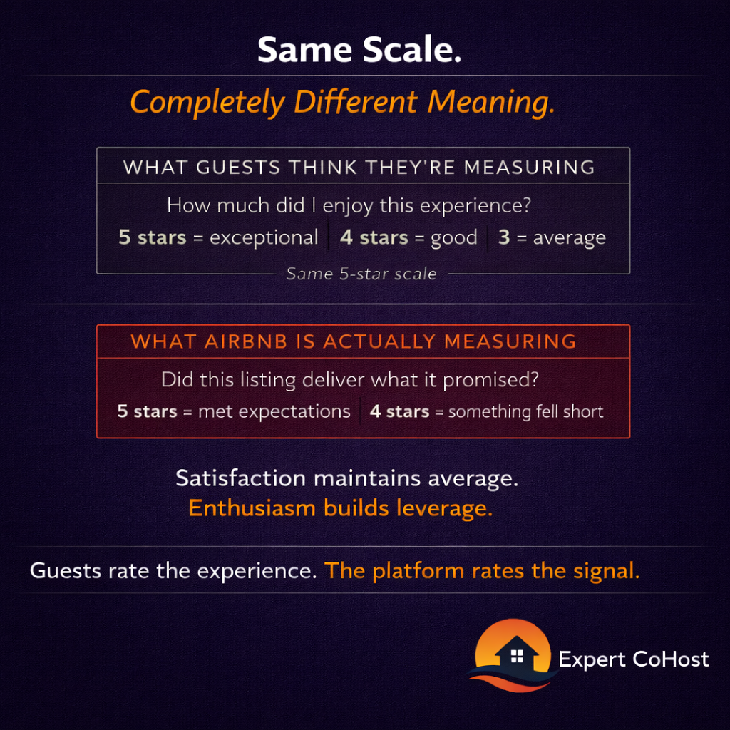 Airbnb's rating system measures something different than guests expect — satisfaction maintains average, but enthusiasm is what builds leverage