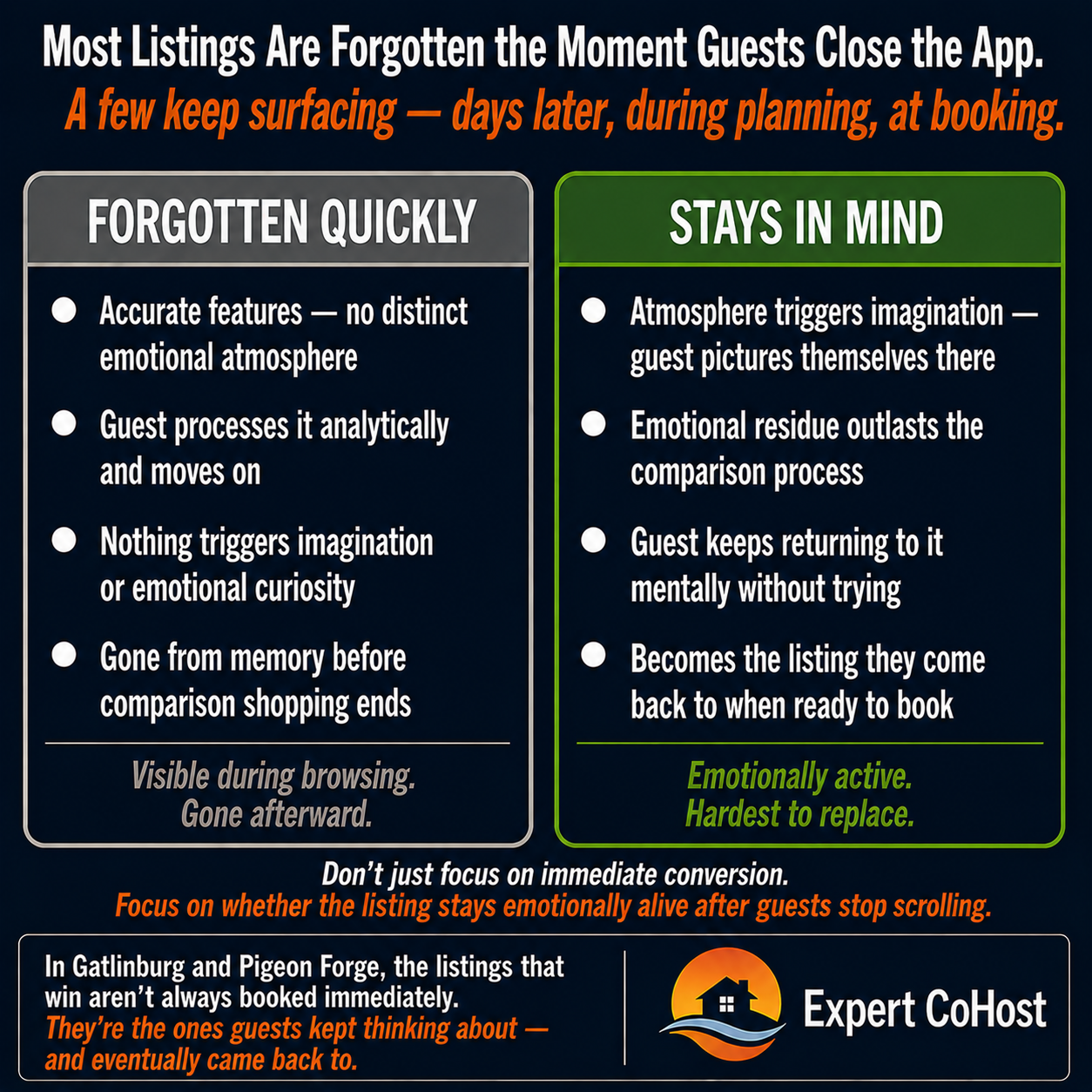 Airbnb listings that stay in guests' minds after browsing create emotional memorability through atmosphere and imagination — and those are often the listings guests return to when they're finally ready to book.